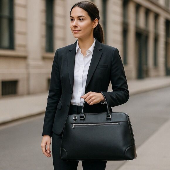 CLUCI NWOT  Refined Leather Briefcase 15" Laptop  Bag Black Large Tote - Picture 2 of 15